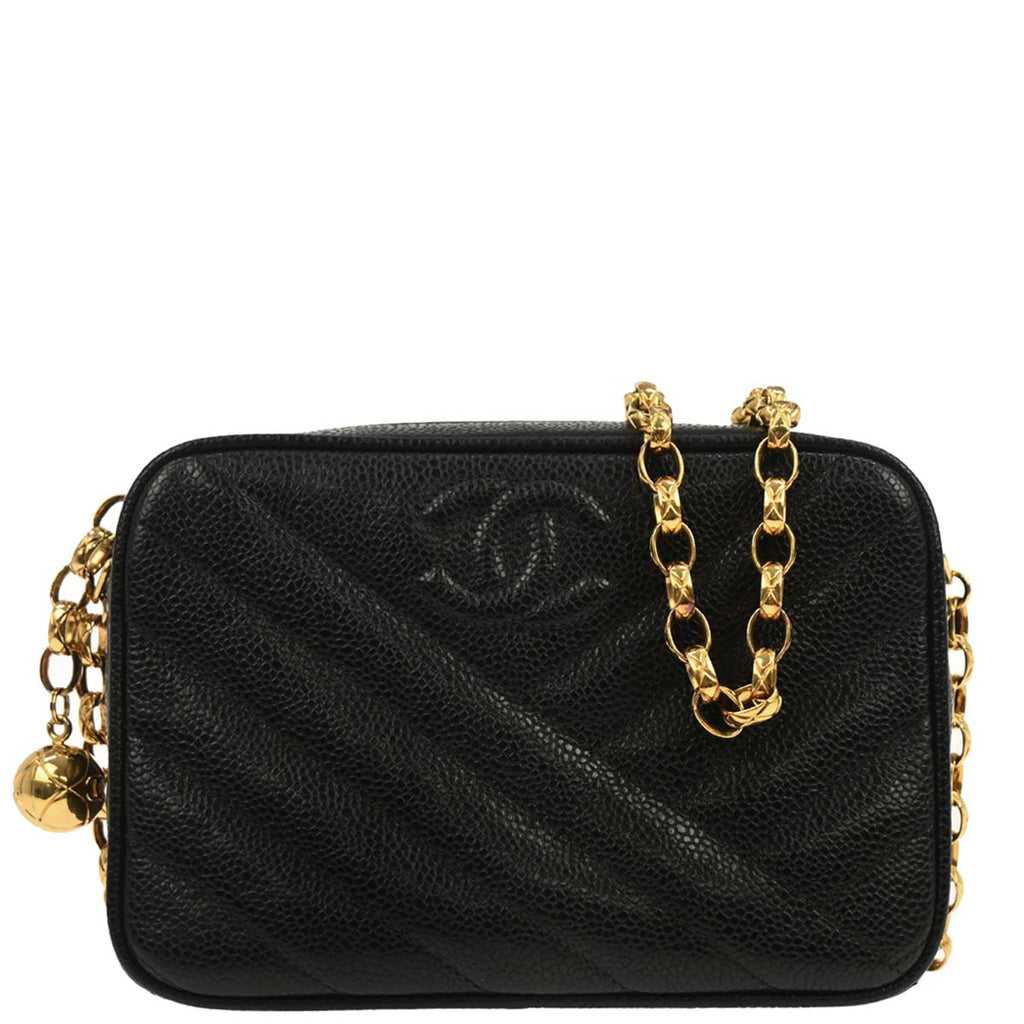 Chanel 1991-1994 Black Calfskin Bias Stitch Camera Bag Mini