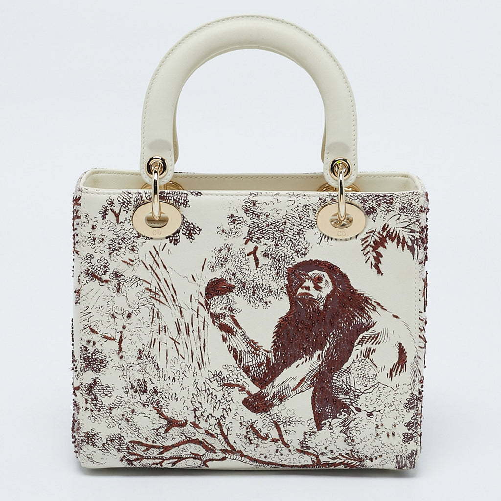 Dior Off White Leather Medium Embroidered Beads Lady Dior Tote
