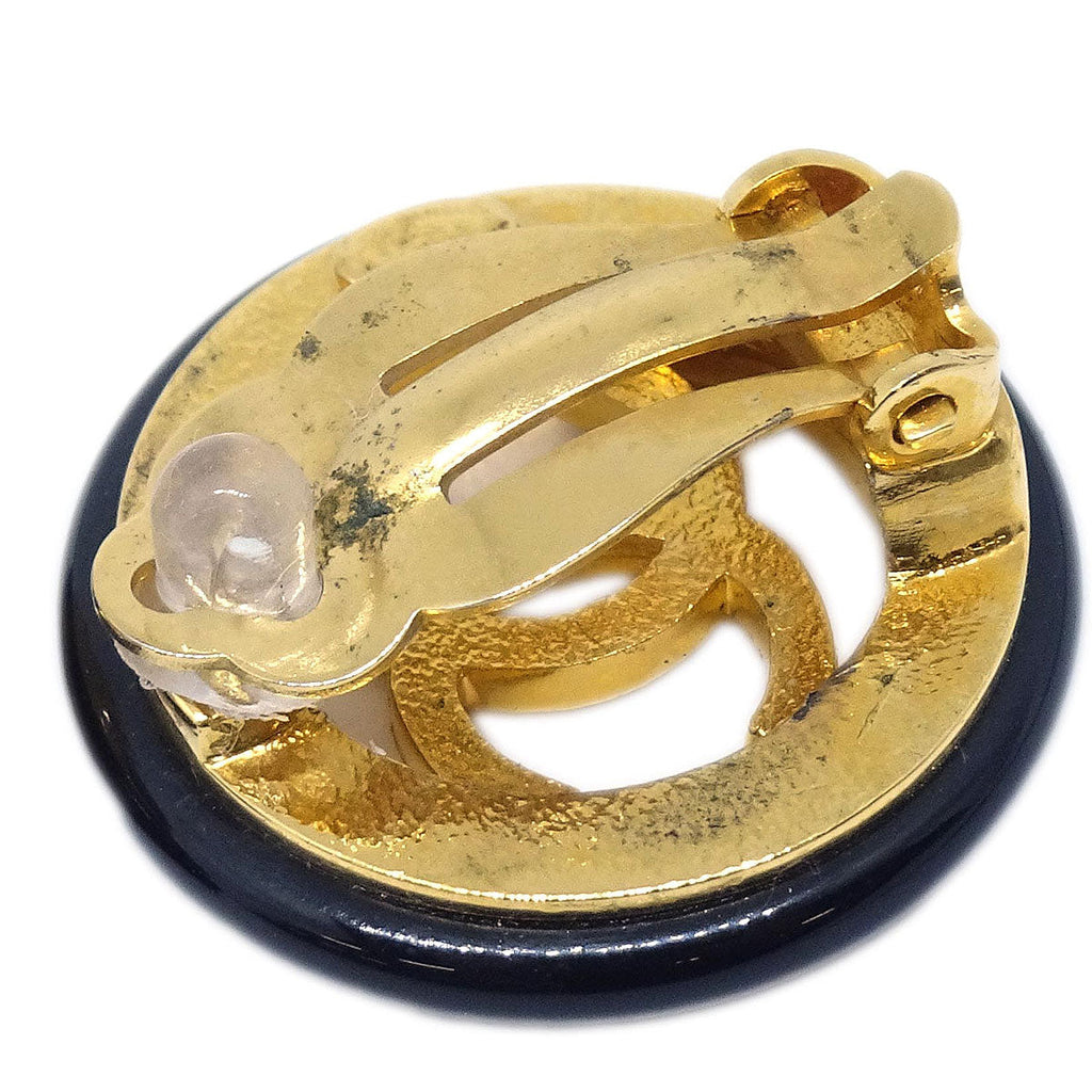 Chanel Button Clip-On Earrings Black Gold 97A