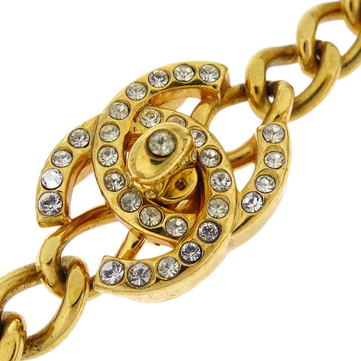 Chanel Turnlock Charm Gold Chain Necklace Rhinestone 96A