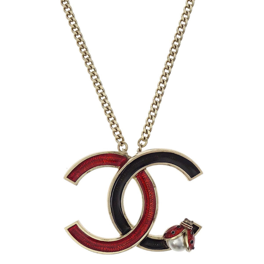 Chanel Ladybug CC Charm Gold Chain Necklace Costume Pearl 18P