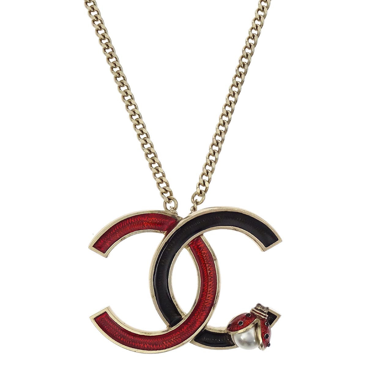 Chanel Ladybug CC Charm Gold Chain Necklace Costume Pearl 18P
