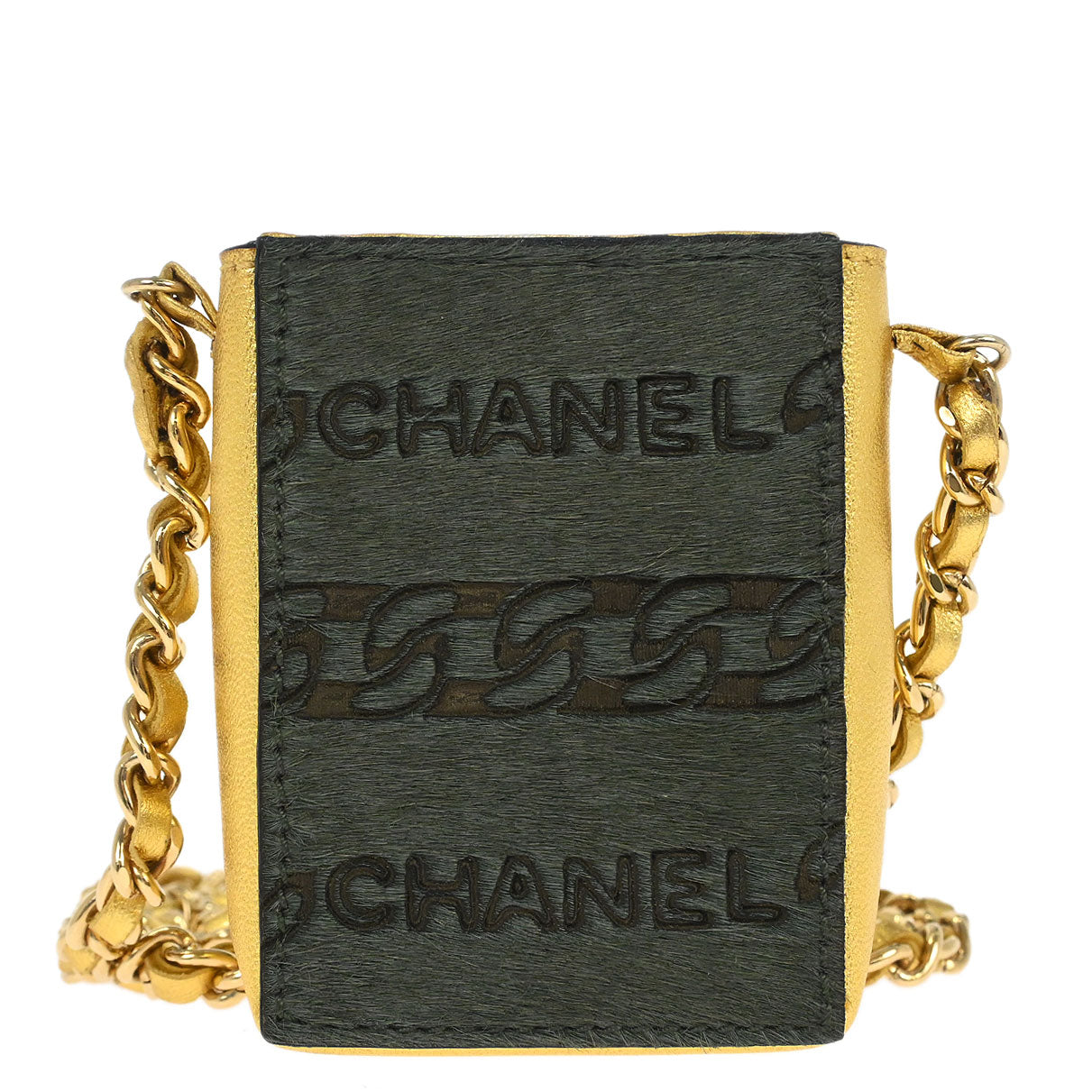 Chanel 2000-2002 Pony Hair Khaki Chain Shoulder Cigarette Case Small Good