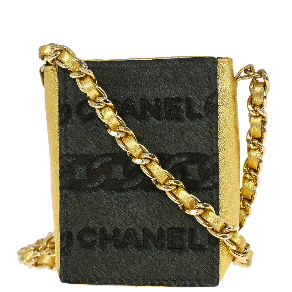 Chanel 2000-2002 Pony Hair Khaki Chain Shoulder Cigarette Case Small Good