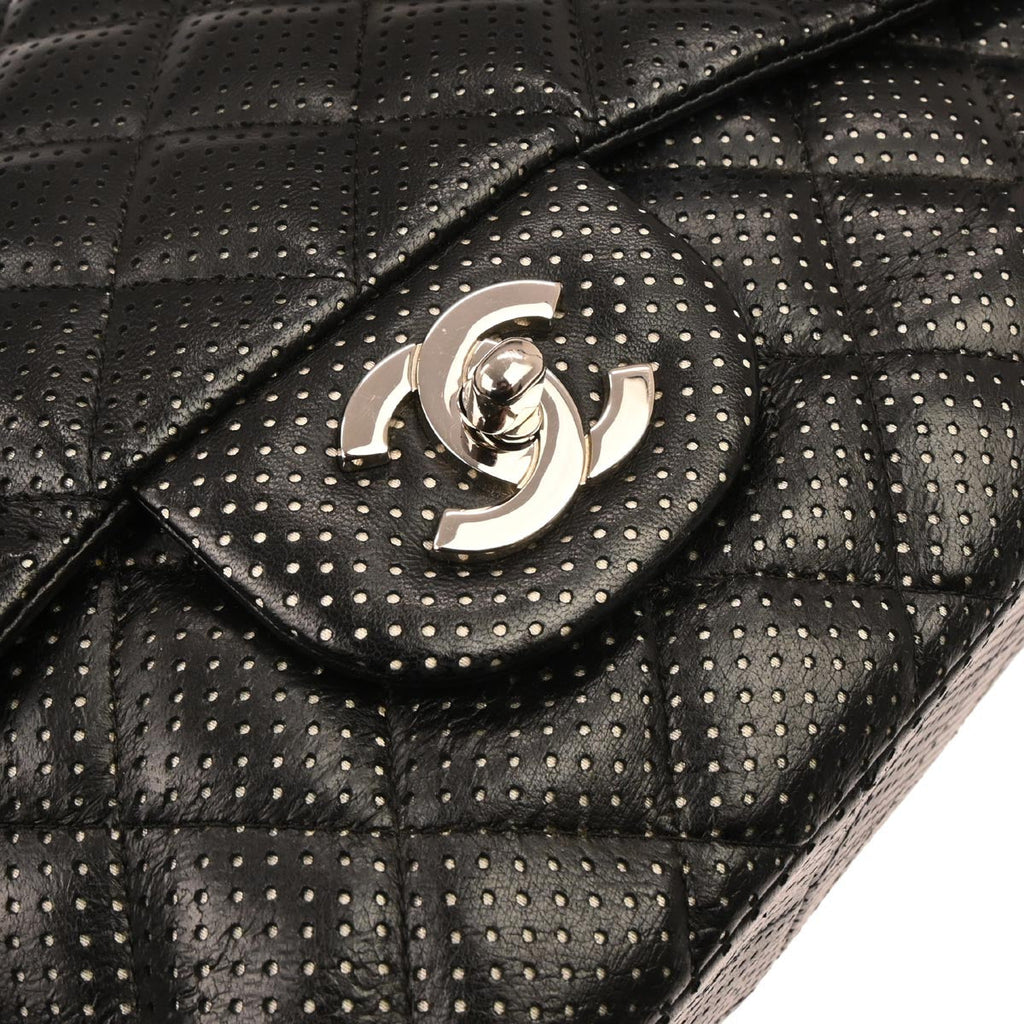 Chanel 2006-2008 Black Perforated Lambskin Jumbo Classic Flap Shoulder Bag
