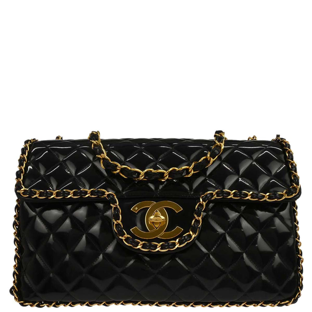 Chanel 1994-1996 Black Patent Leather Maxi Classic Flap Shoulder Bag