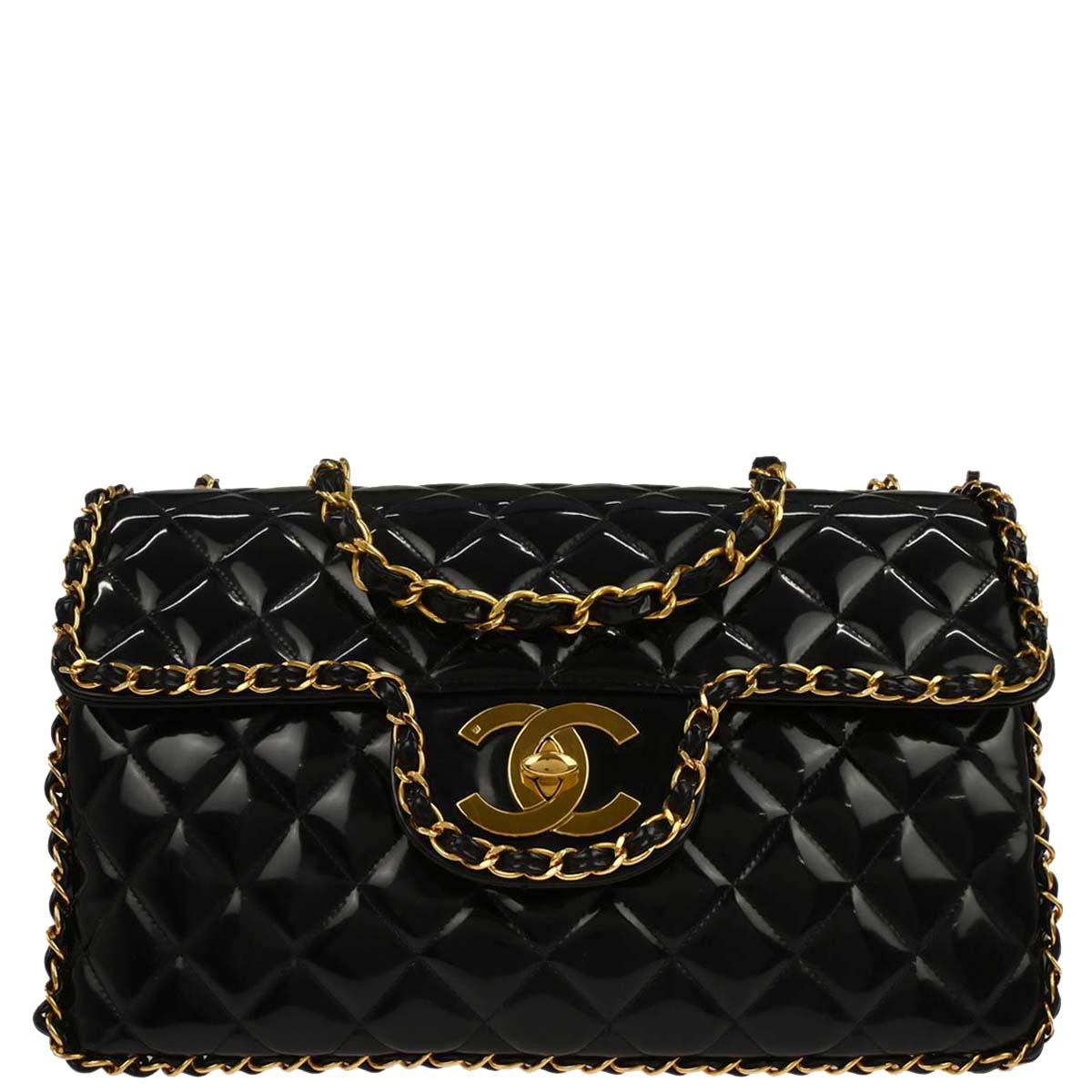 Chanel 1994-1996 Black Patent Leather Maxi Classic Flap Shoulder Bag