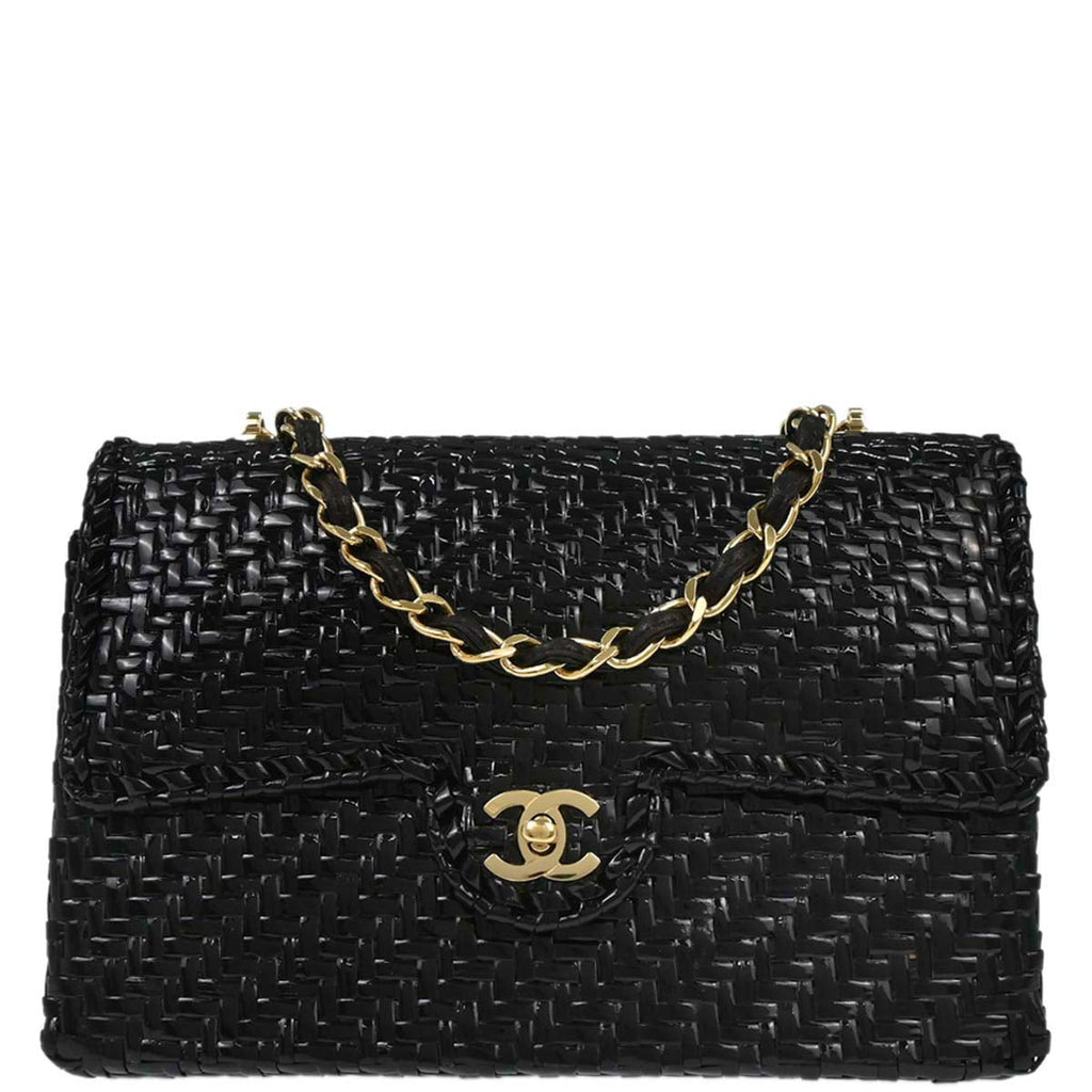 Chanel 2000-2002 Black Rattan Wicker Flap Medium Single Flap Shoulder Bag