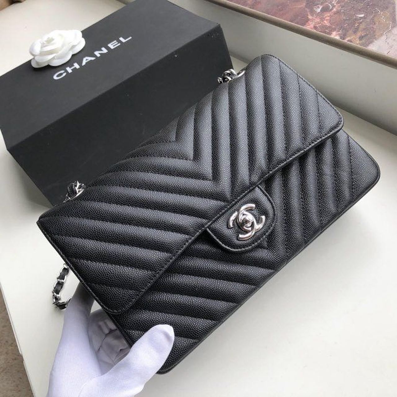 Chanel Chevron Classic Handbag SiLouis Vuittoner Hardware Black For Women Bags, Shoulder And Crossbody Bags 10.2in/26cm