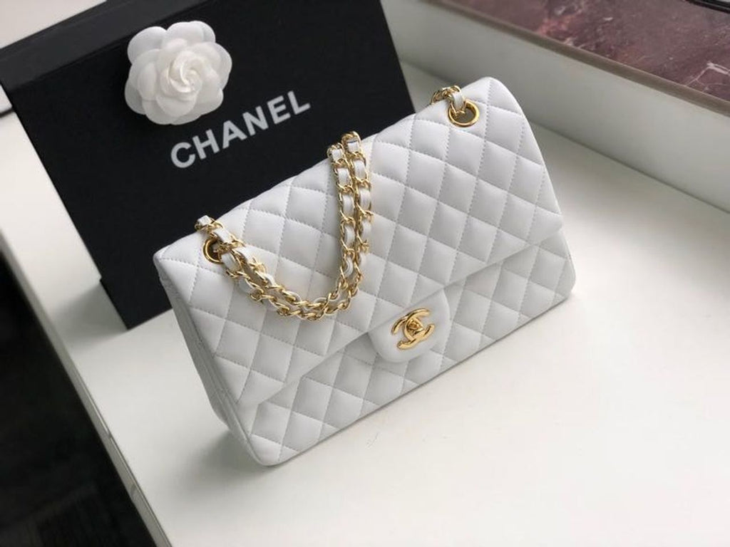 Chanel Classic Handbag Gold Toned Hardware WhiteÃ‚Â For Women Bags, Shoulder And Crossbody Bags 10.2in/26cm A01112