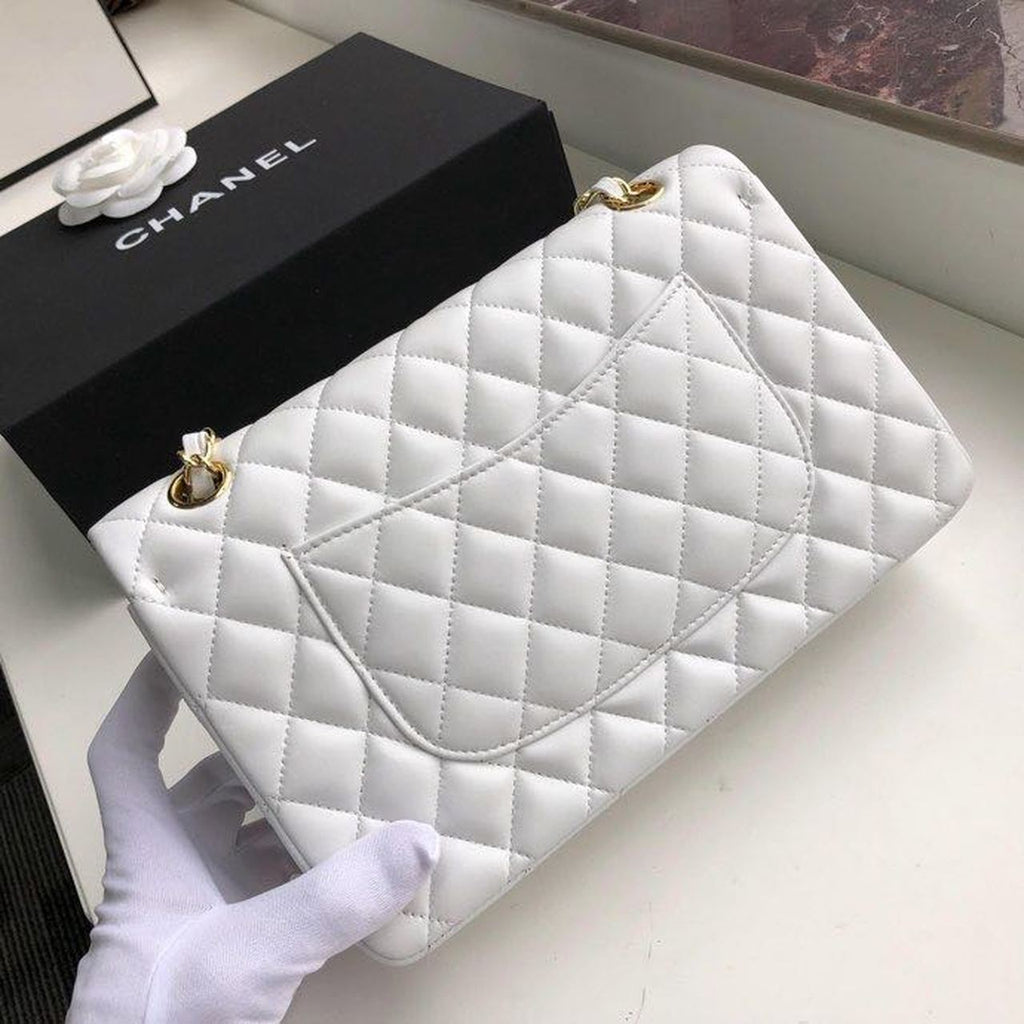 Chanel Classic Handbag Gold Toned Hardware WhiteÃ‚Â For Women Bags, Shoulder And Crossbody Bags 10.2in/26cm A01112