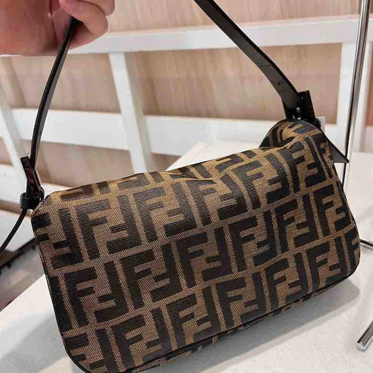Zucchino Double Flap Baguette Shoulder Bag, Brown Canvas & Leather