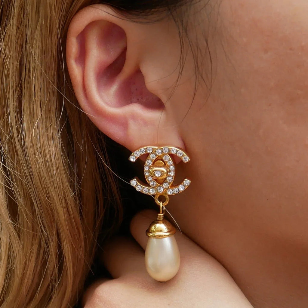 CHANEL 1996 Cristal & Faux Pearl CC Turnlock Earrings