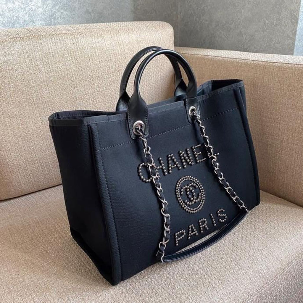 Chanel Large Deauville Pearl Tote Bag Black For Women Handbags, Shoulder Bags 15in/38cm A66941