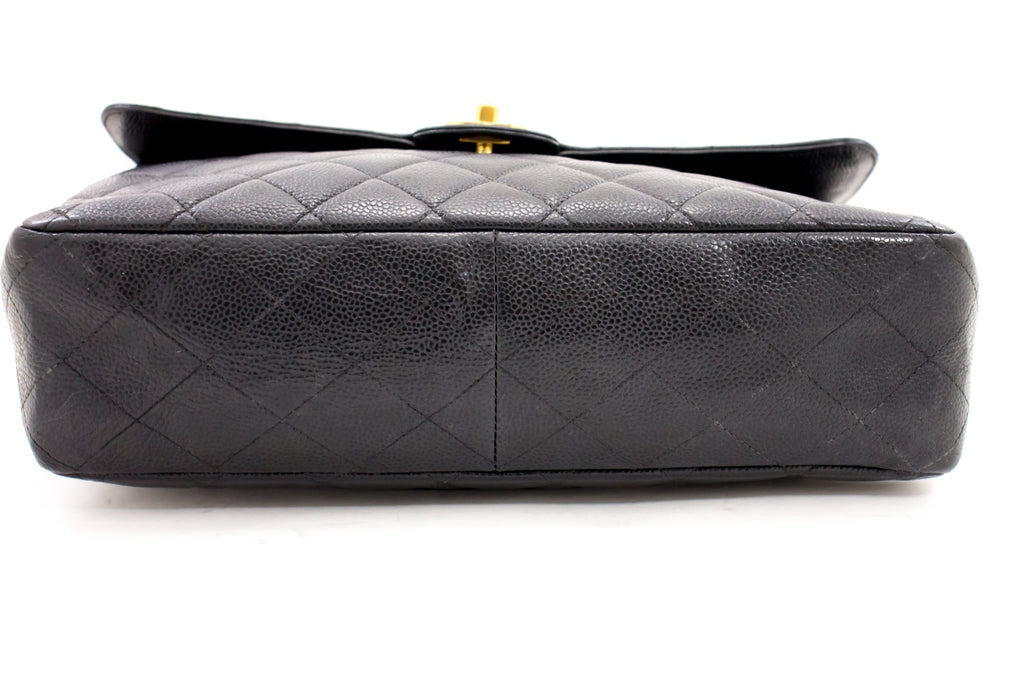 CHANEL Jumbo Caviar 11" Large Chain Shoulder Bag Flap Black Quilt e23