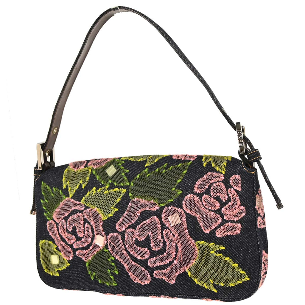 Fendi Navy Denim Floral Baguette Handbag