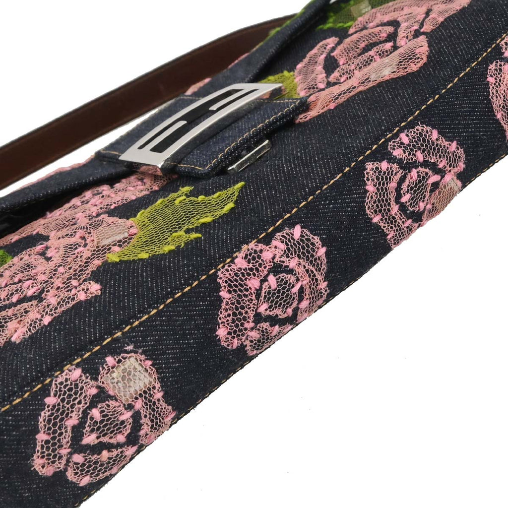 Fendi Navy Denim Floral Baguette Handbag