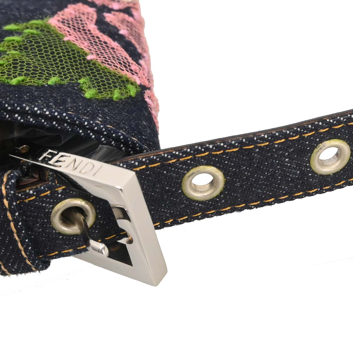 Fendi Navy Denim Floral Baguette Handbag