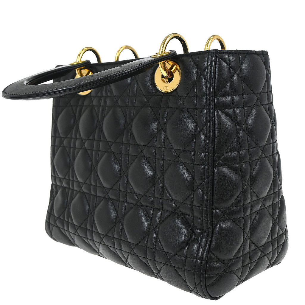 Christian Dior Black Lambskin Medium Lady Dior Cannage 2way Shoulder Handbag