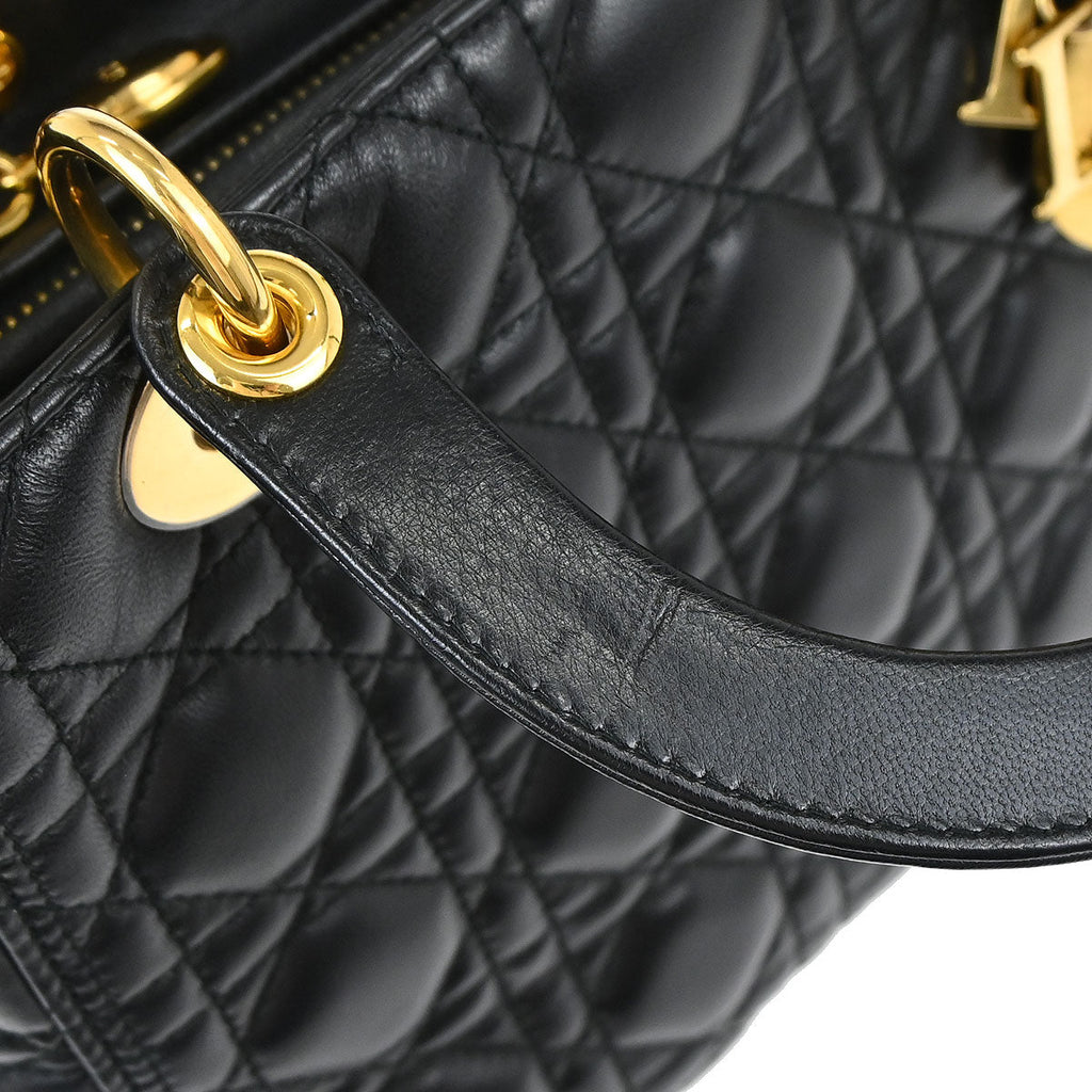 Christian Dior Black Lambskin Medium Lady Dior Cannage 2way Shoulder Handbag