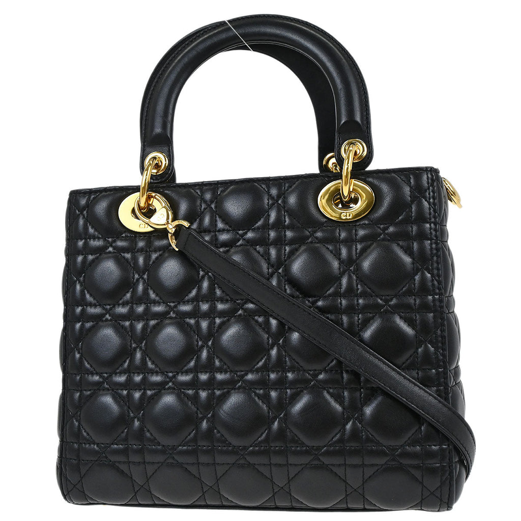 Christian Dior Black Lambskin Medium Lady Dior Cannage 2way Shoulder Handbag