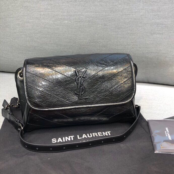 Niki MeGLAMIum Crinkled Shoulder Bag Black For Women 11in/28cm YSL