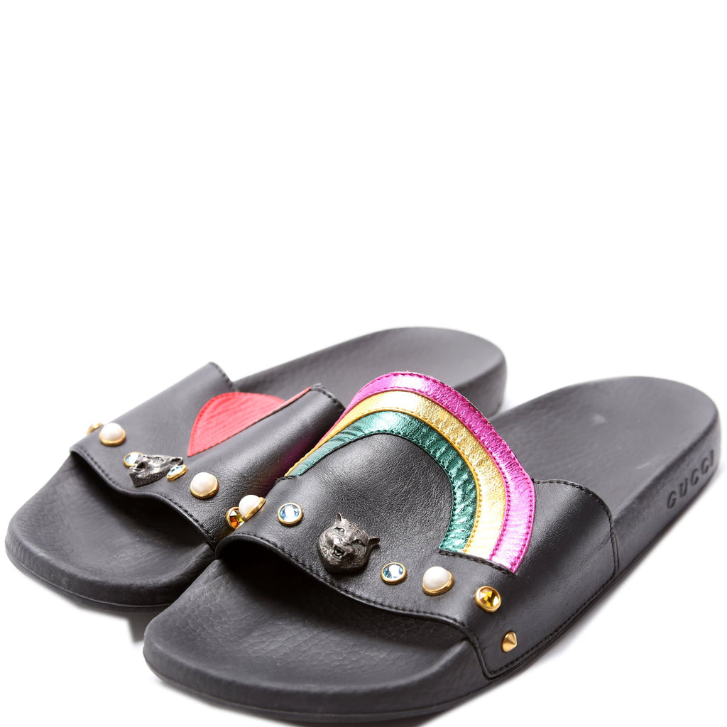 Gucci Rainbow Heart Pursuit Calfskin/Rubber Slides Size 37
