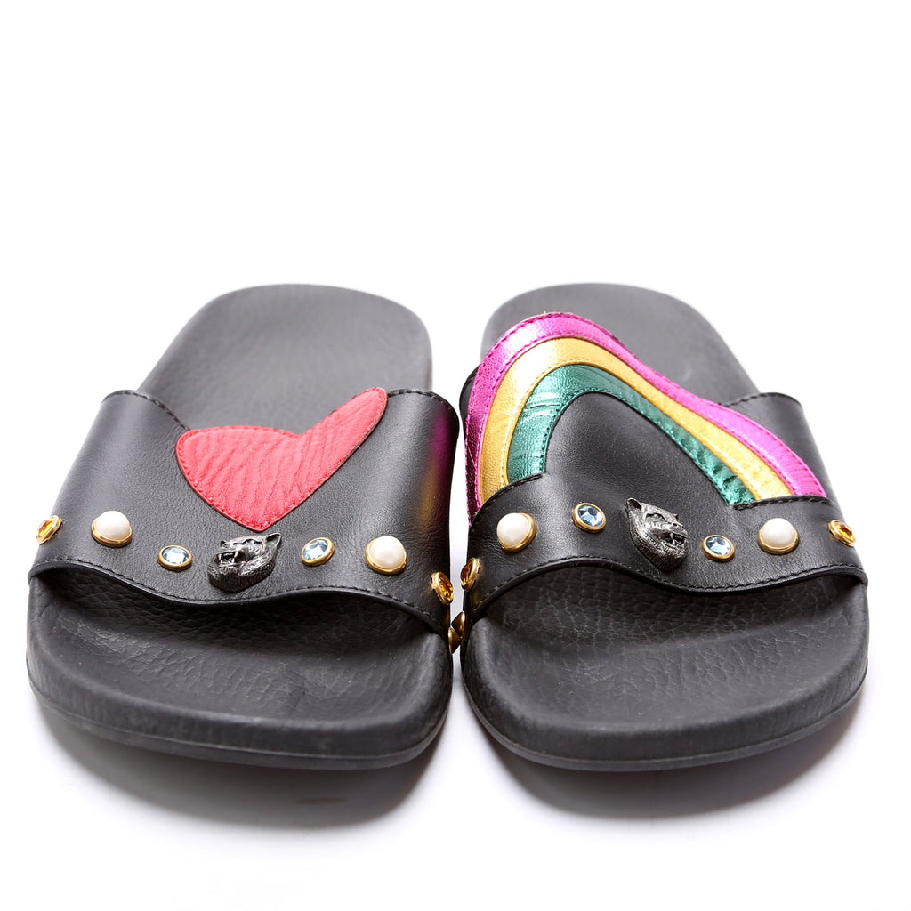 Gucci Rainbow Heart Pursuit Calfskin/Rubber Slides Size 37