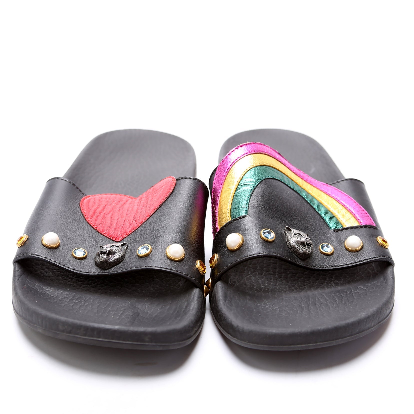 Gucci Rainbow Heart Pursuit Calfskin/Rubber Slides Size 37