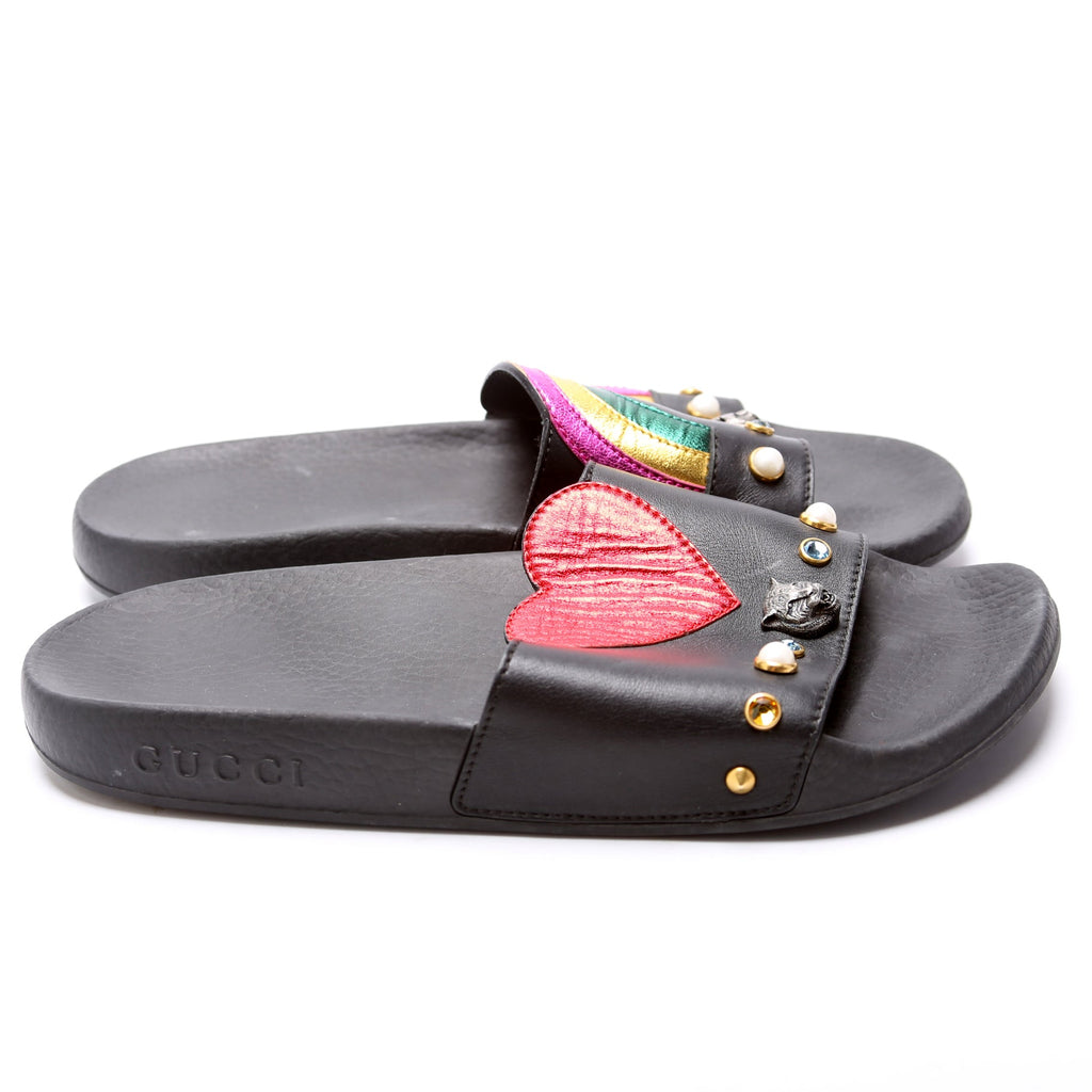 Gucci Rainbow Heart Pursuit Calfskin/Rubber Slides Size 37
