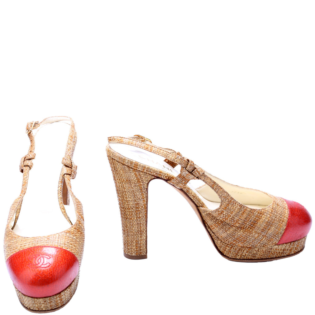 Chanel Cap Toe Raffia Slingback Pumps Size 39