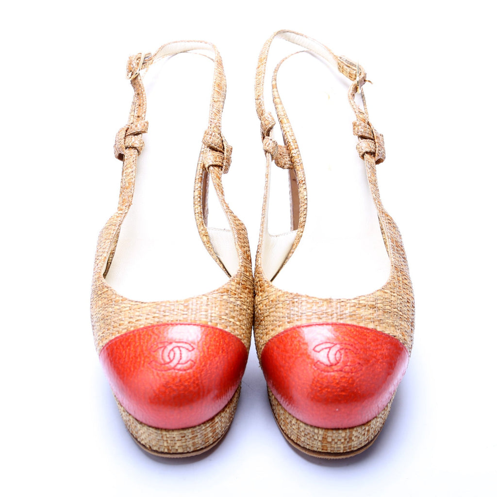 Chanel Cap Toe Raffia Slingback Pumps Size 39