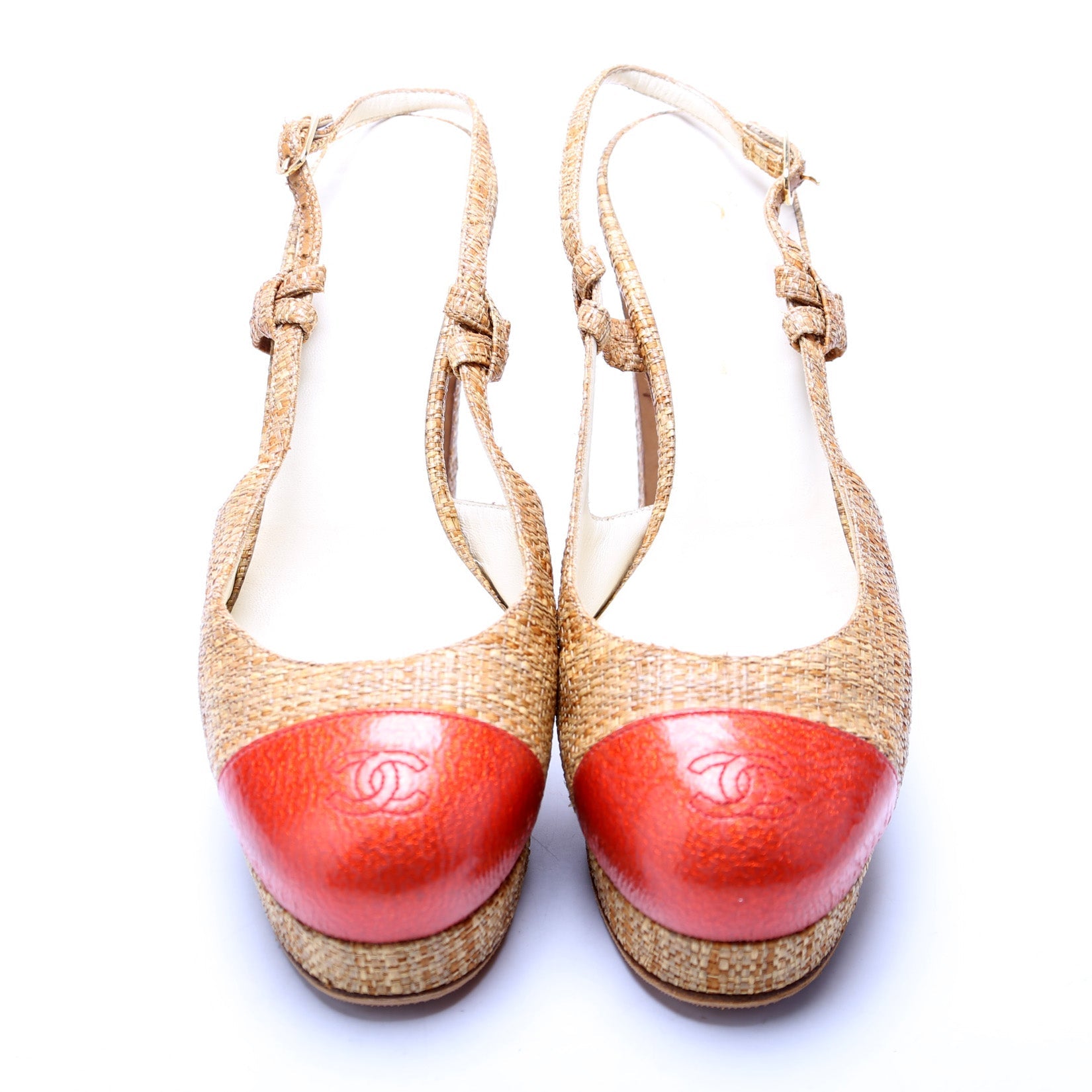 Chanel Cap Toe Raffia Slingback Pumps Size 39
