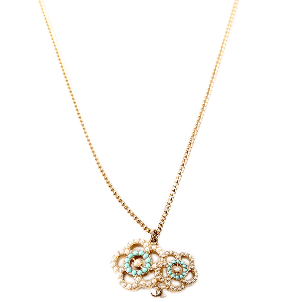 Chanel Faux Pearl CC Camellia Pendant Necklace
