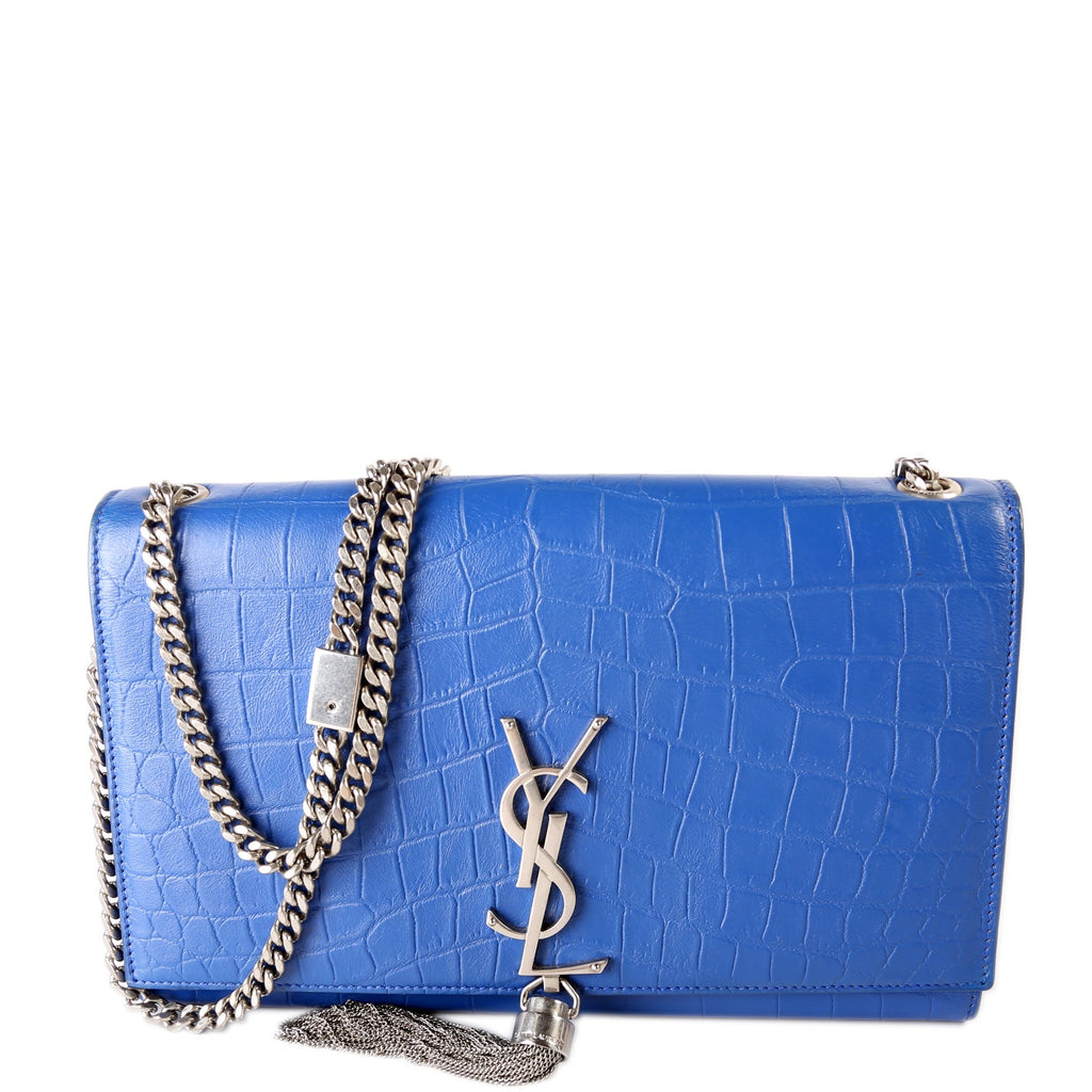 Saint Laurent Kate Tassel Satchel Medium Croc Embossed 354119 Blue