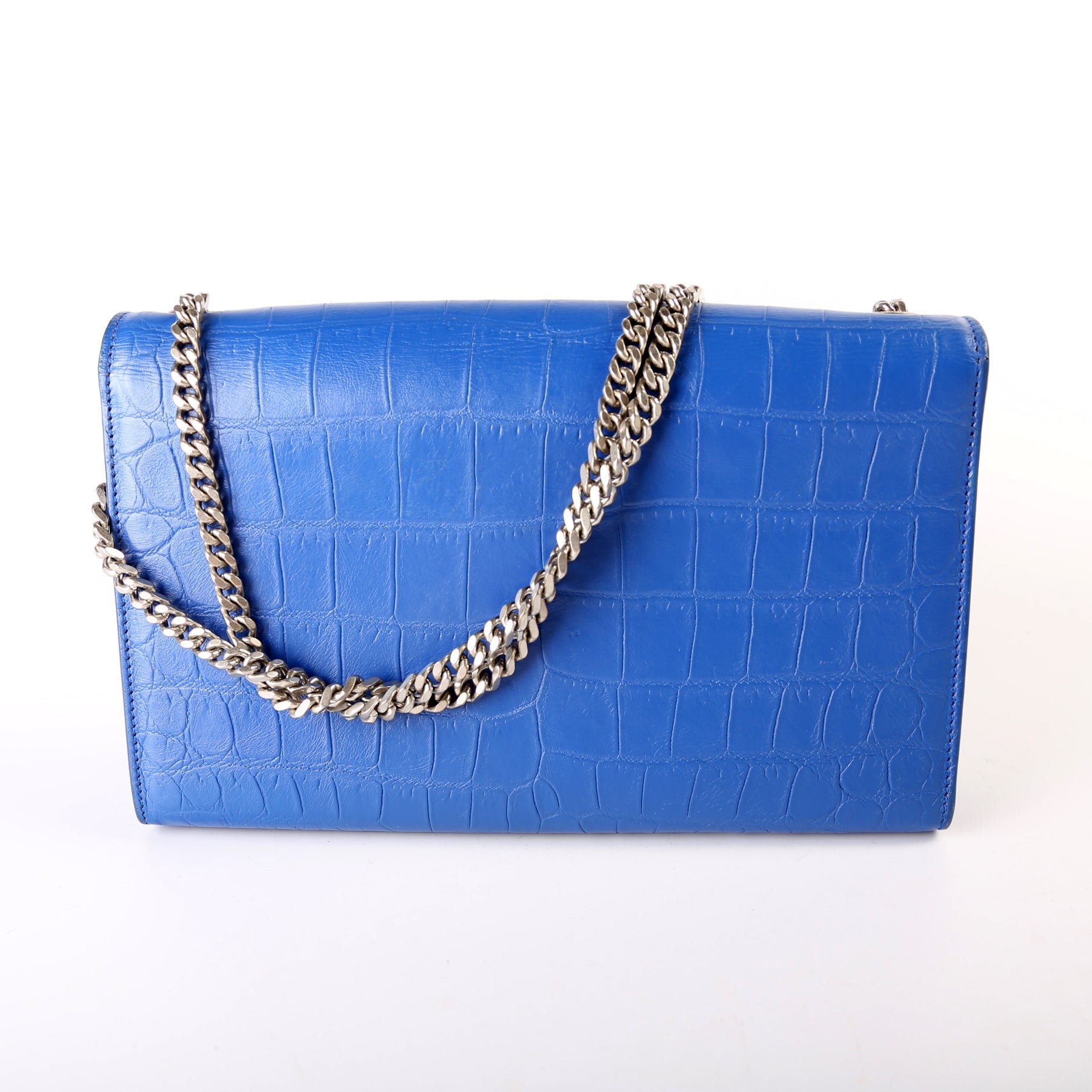 Saint Laurent Kate Tassel Satchel Medium Croc Embossed 354119 Blue