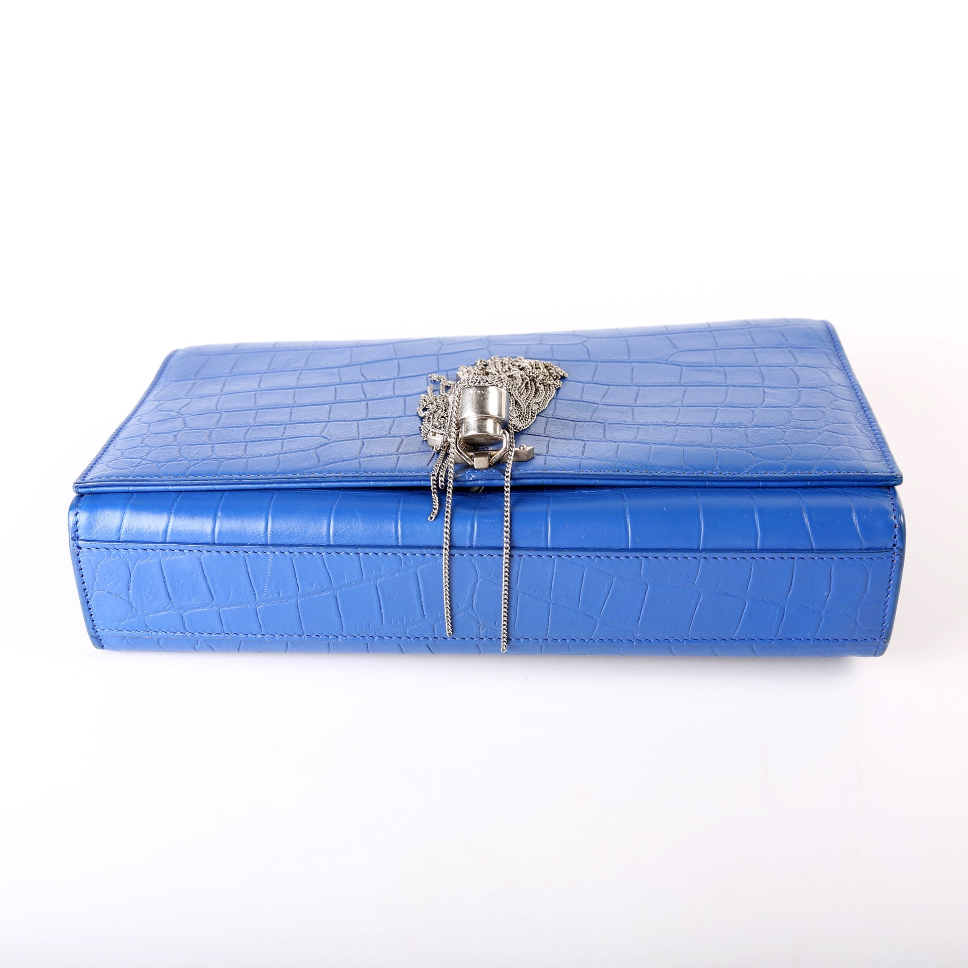 Saint Laurent Kate Tassel Satchel Medium Croc Embossed 354119 Blue