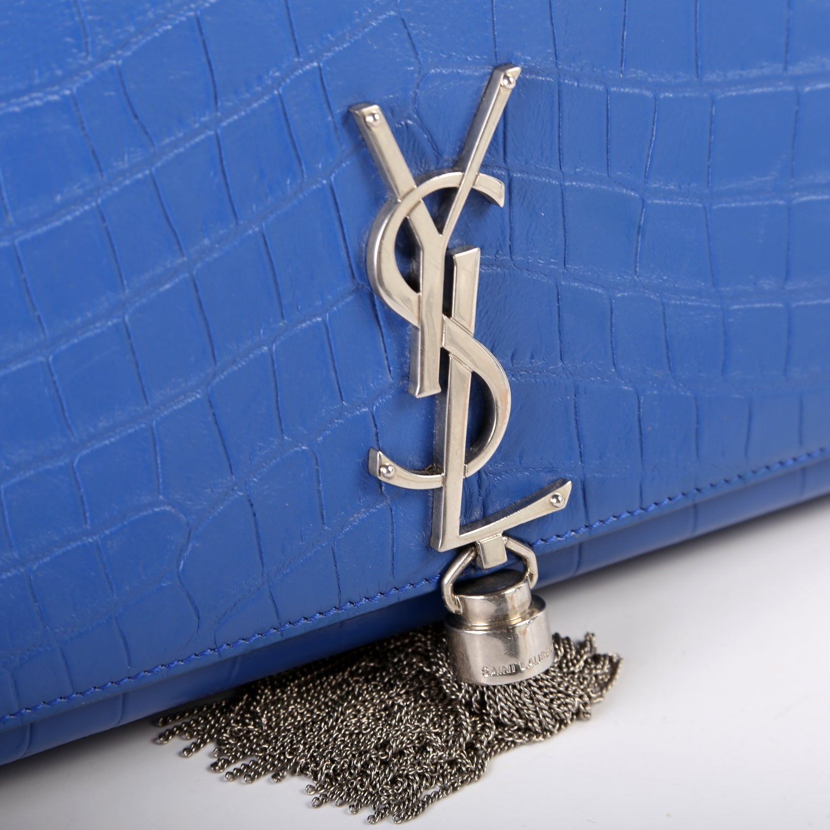 Saint Laurent Kate Tassel Satchel Medium Croc Embossed 354119 Blue