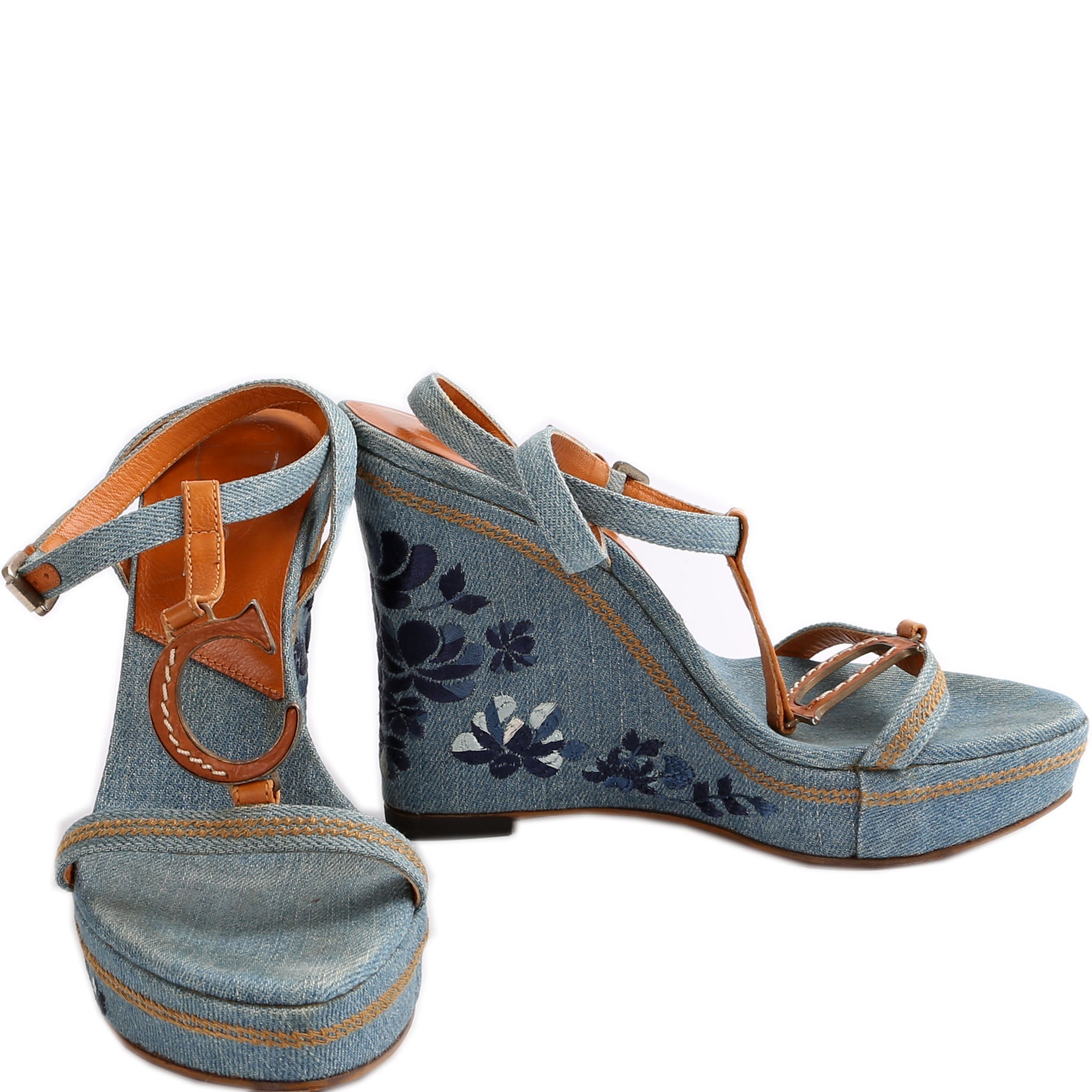 Christian Dior Denim Embroidered Wedges Size 37.5