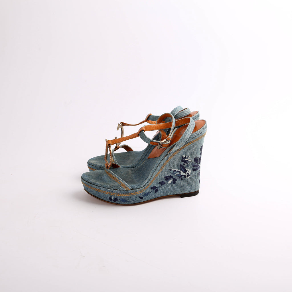 Christian Dior Denim Embroidered Wedges Size 37.5