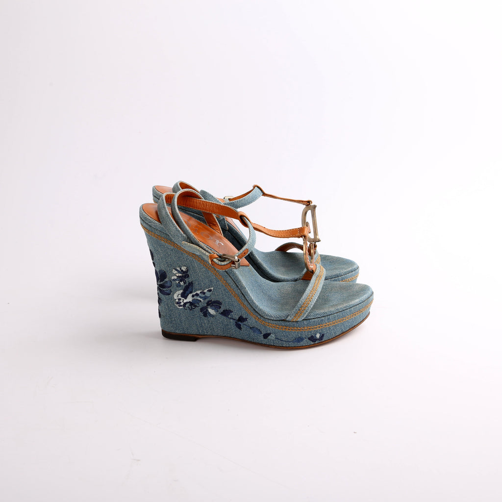 Christian Dior Denim Embroidered Wedges Size 37.5