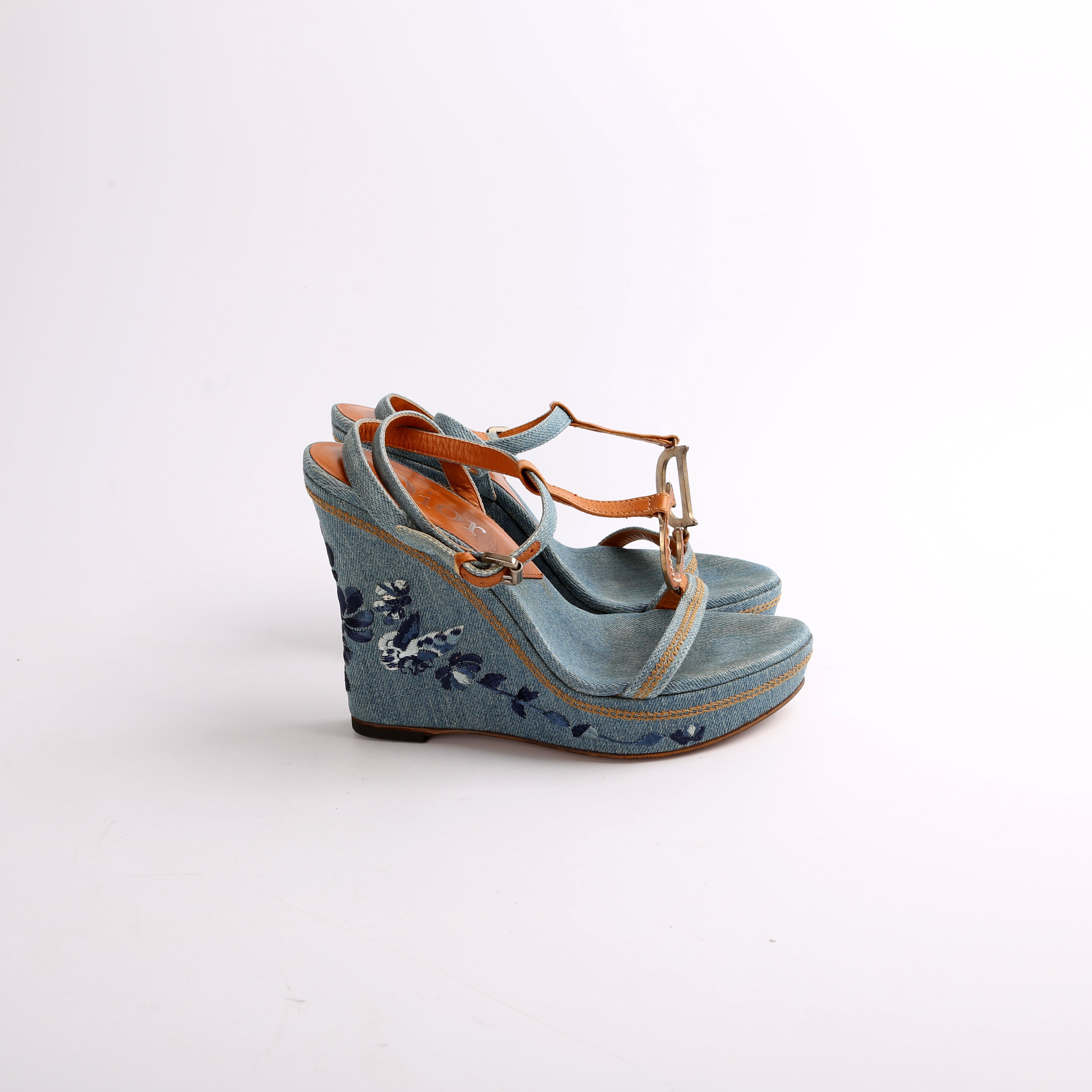 Christian Dior Denim Embroidered Wedges Size 37.5