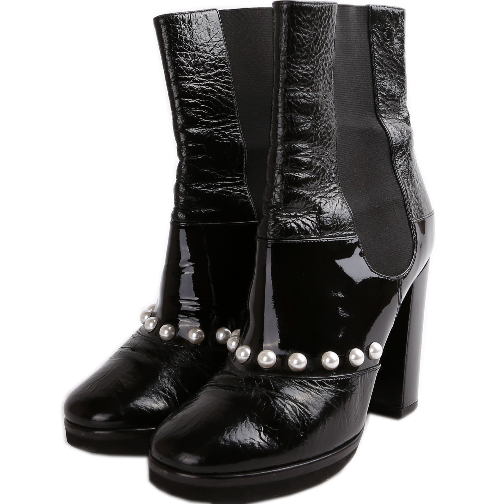 Chanel Patent Pearl CC Booties Size 38
