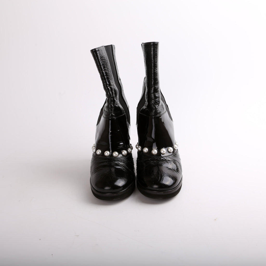 Chanel Patent Pearl CC Booties Size 38