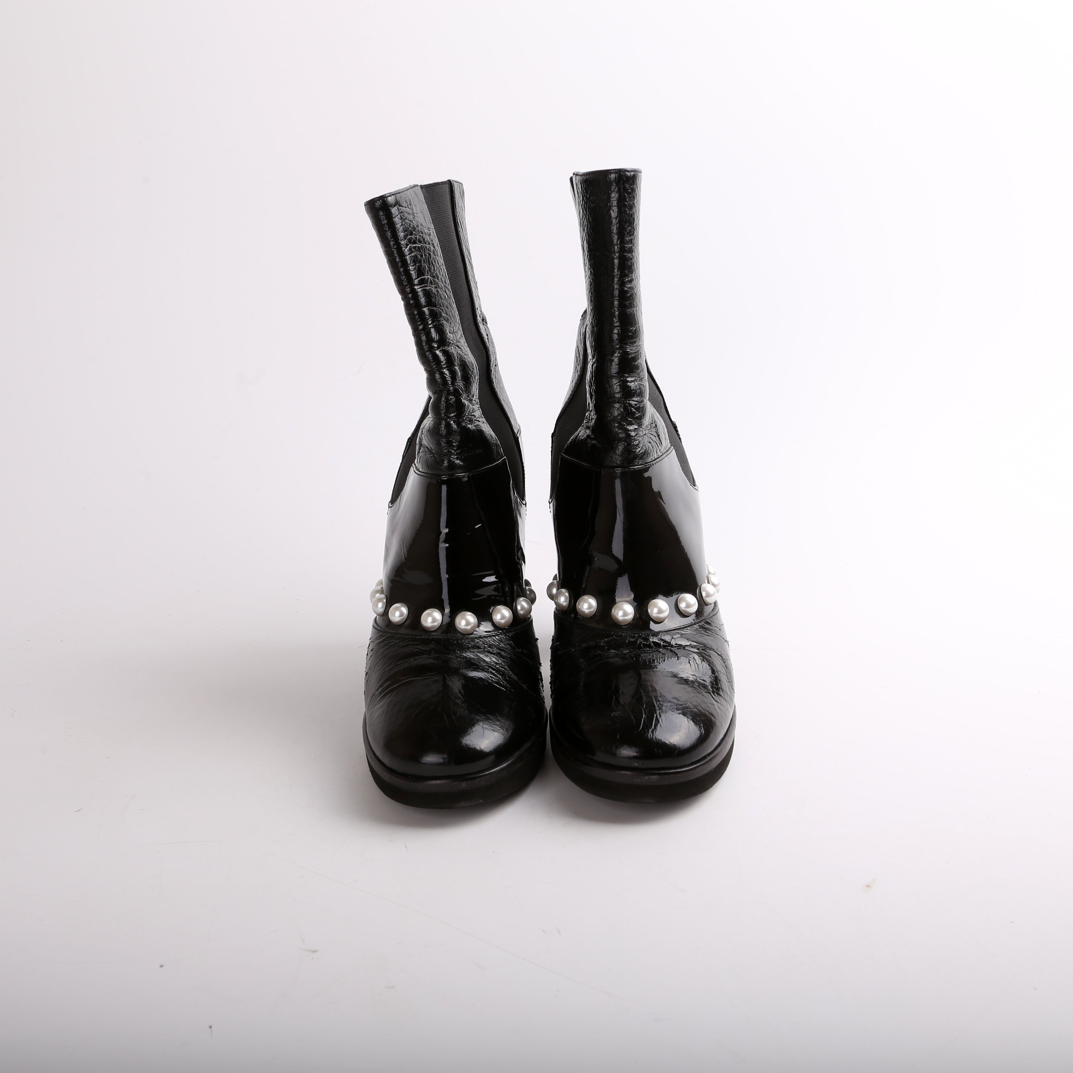 Chanel Patent Pearl CC Booties Size 38