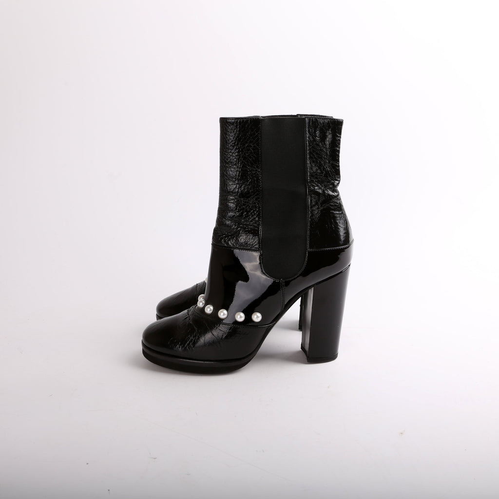 Chanel Patent Pearl CC Booties Size 38