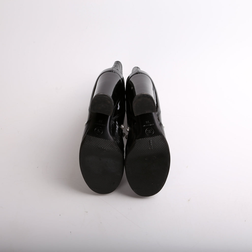 Chanel Patent Pearl CC Booties Size 38