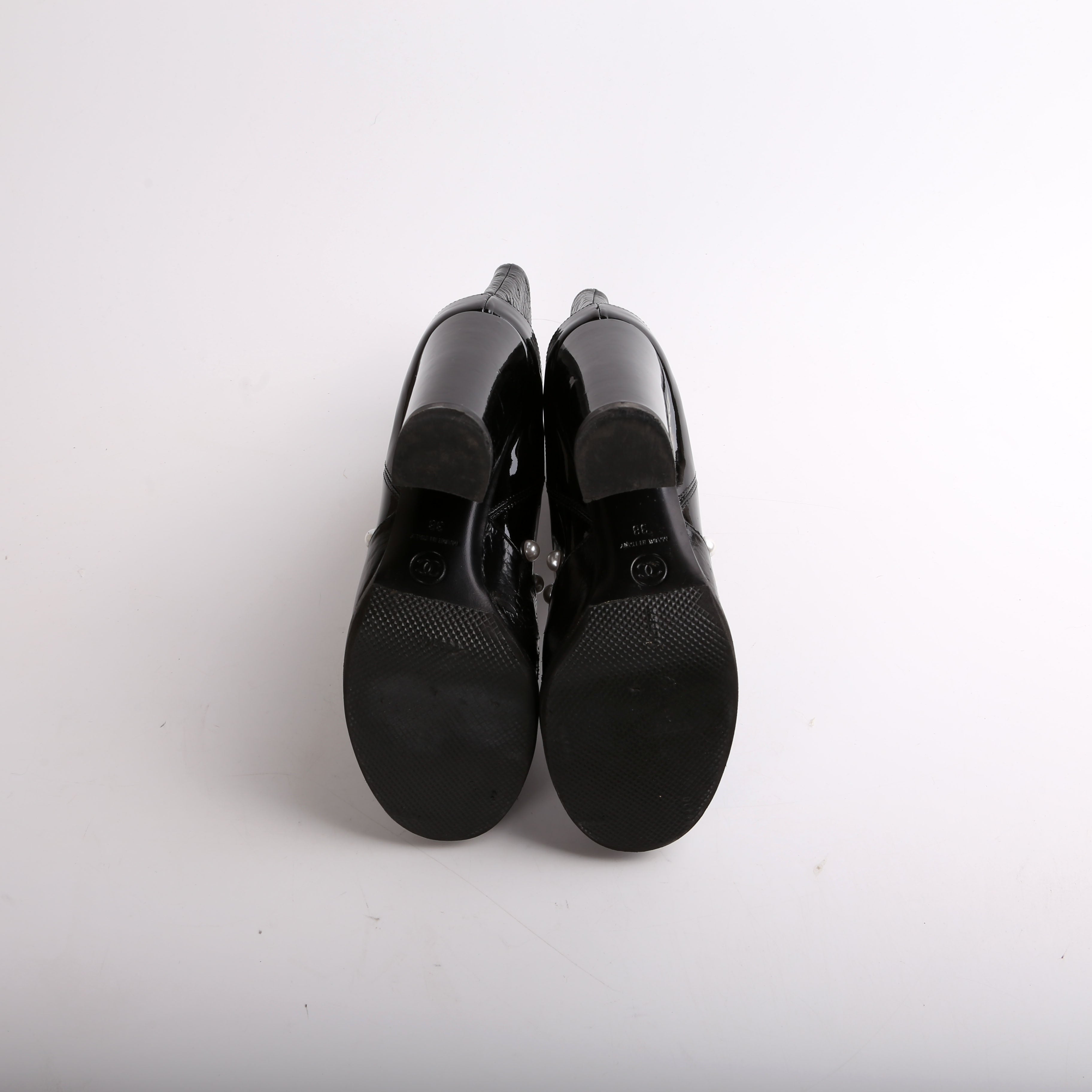 Chanel Patent Pearl CC Booties Size 38