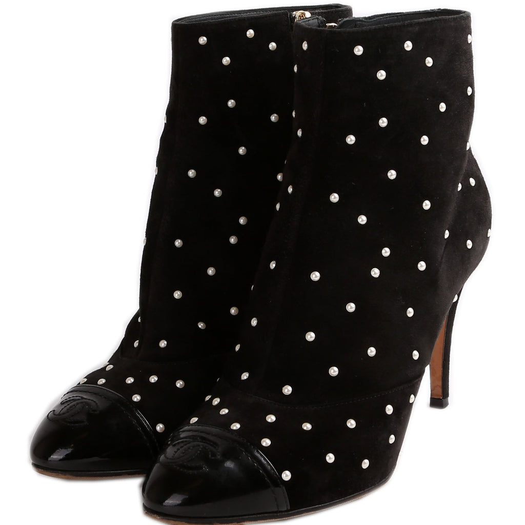 Chanel Suede Pearl Cap Toe Booties Size 38
