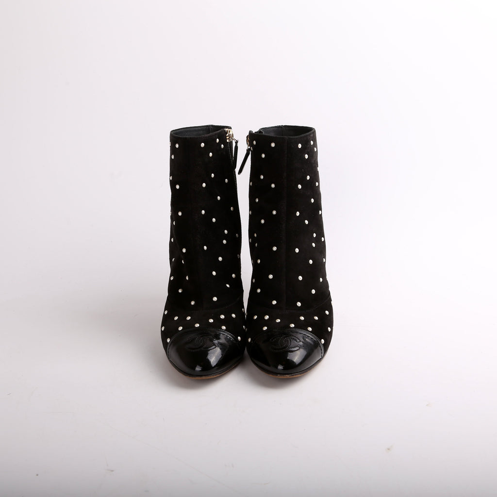 Chanel Suede Pearl Cap Toe Booties Size 38